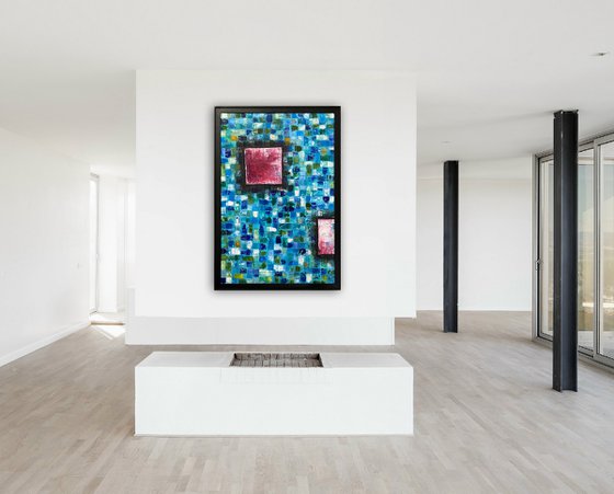 "Mosaic Squared" - Original Highly Textured PMS Abstract Oil Painting On Wood, Framed - 26" x 38"