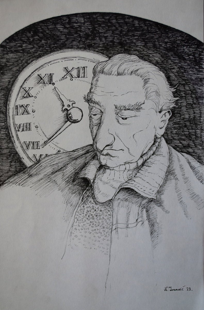 Illustrative Ink Drawing , The Philosopher And Time By Nikola Ivanovic, 8 X 12, Artwork For Sale On Artfinder