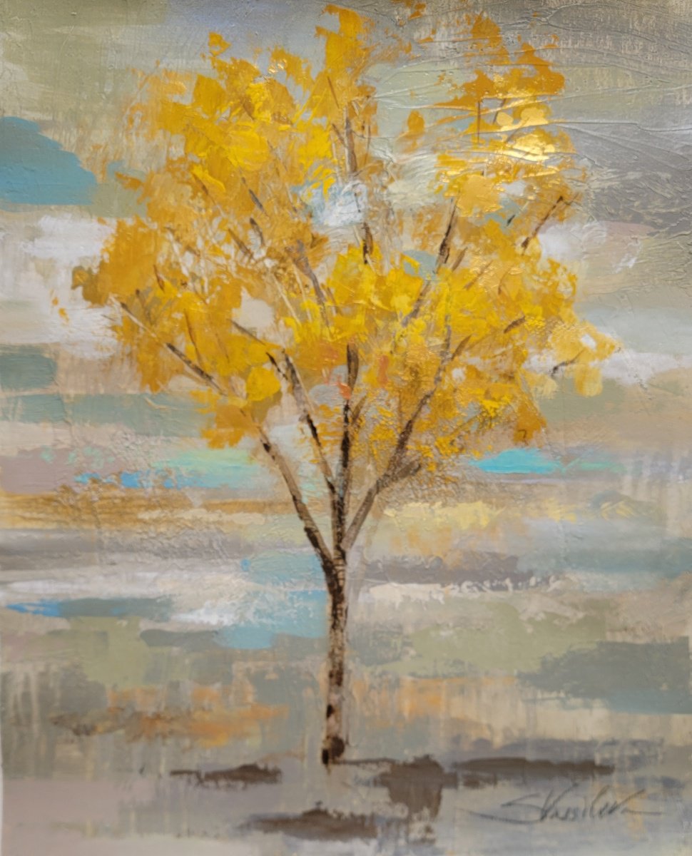 Impressionistic Landscape Acrylic Painting By Silvia Vassileva, 16 X 20", Golden Tree And Fog I, Original Artwork