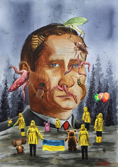 "Stop Putin's cockroaches" 2022 Watercolor on paper 70x50 by Eugene Gorbachenko