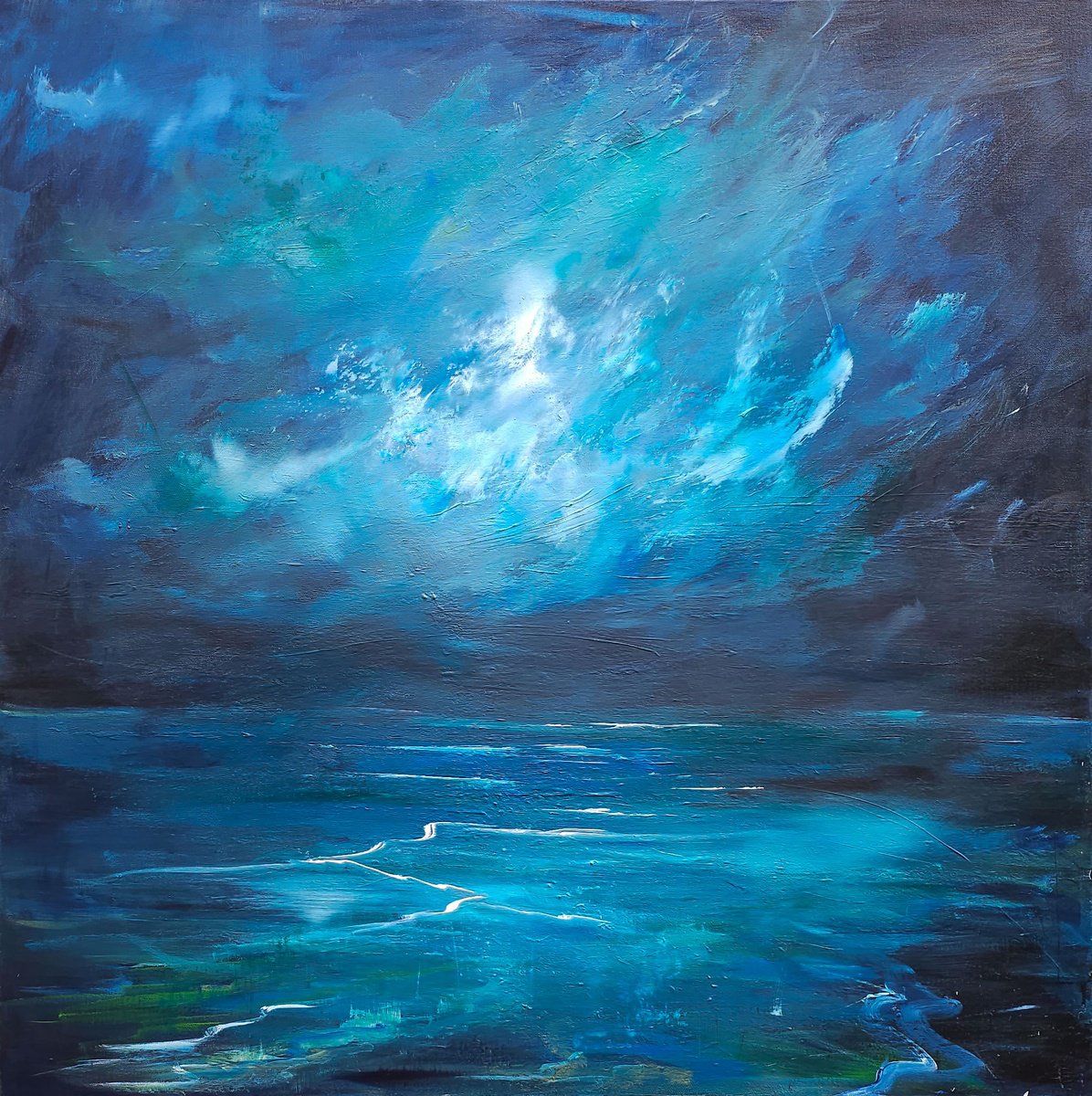 Expressive Landscape Acrylic Painting By Sophia Kuhn, 39 X 39", Azure Tempest, Original Artwork