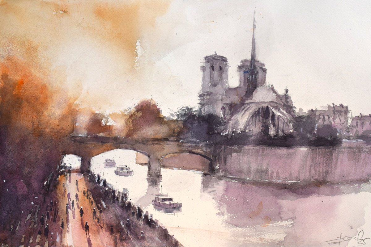 Impressionistic Cityscapes Watercolour By Goran Zigolic Watercolors, 22 X 15, Sunset By The Notre-Dame,Paris, Original Artwork