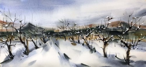 Winter vineyards. one of a kind. original work. painting. by Galina Poloz