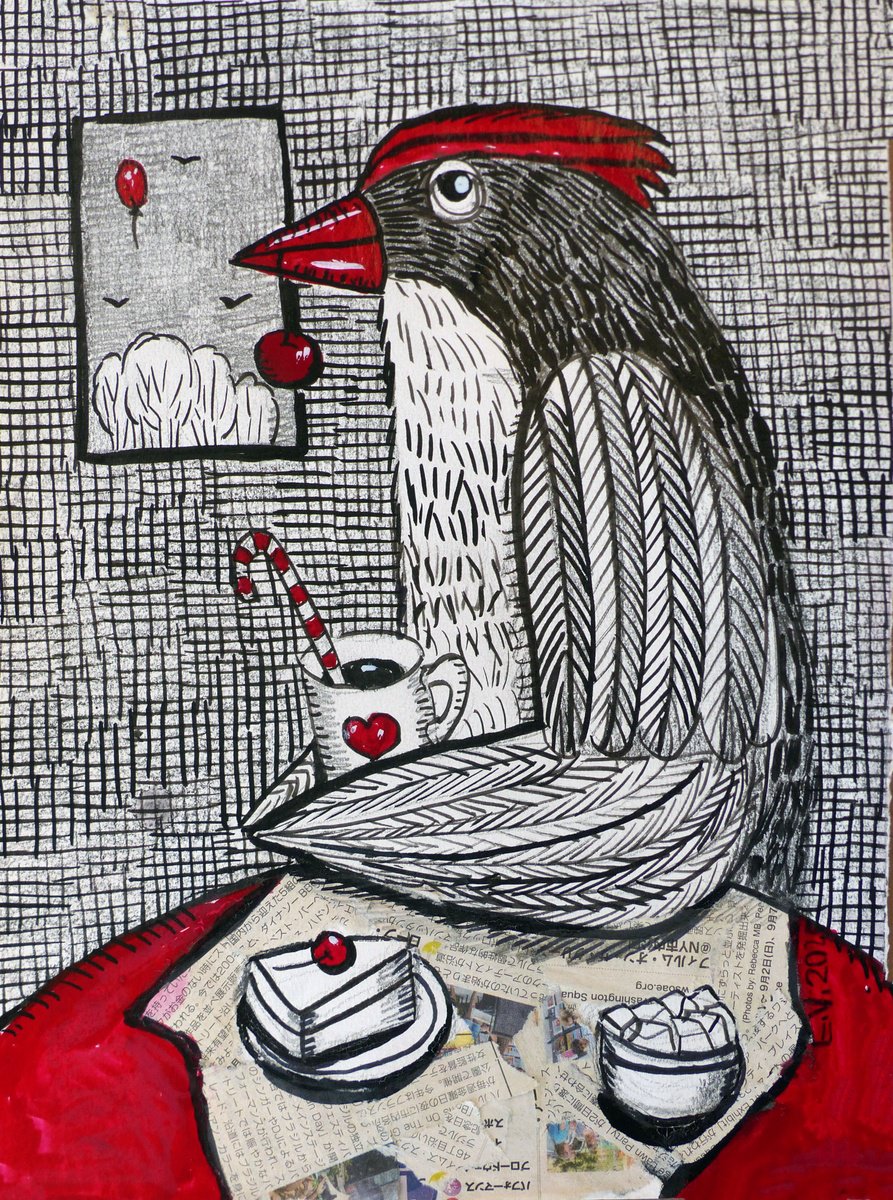 Surrealistic Animal Drawing By Elizabeth Vlasova, 9 X 12, Aristocratic Bird, Original Artwork