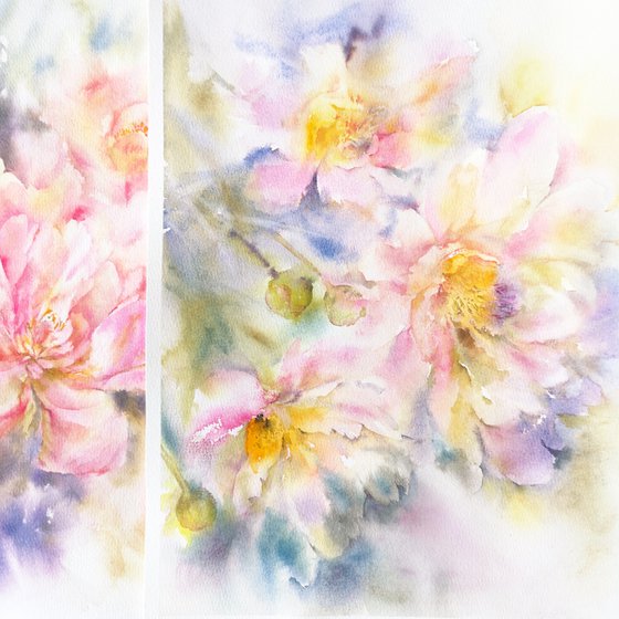 Watercolor floral painting, diptych "June peonies"