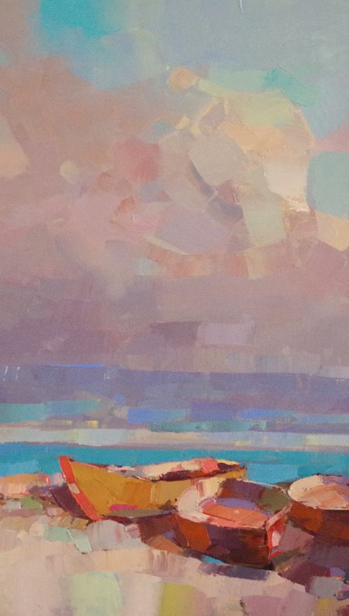 Rowboats, Seascape Original oil painting, Handmade artwork, One of a kind by Vahe Yeremyan