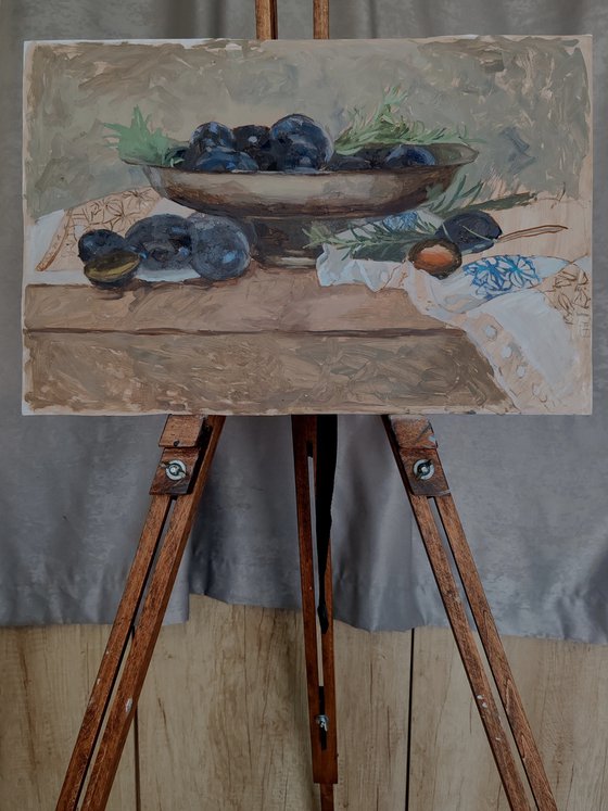 Plums, rosemary and drapery