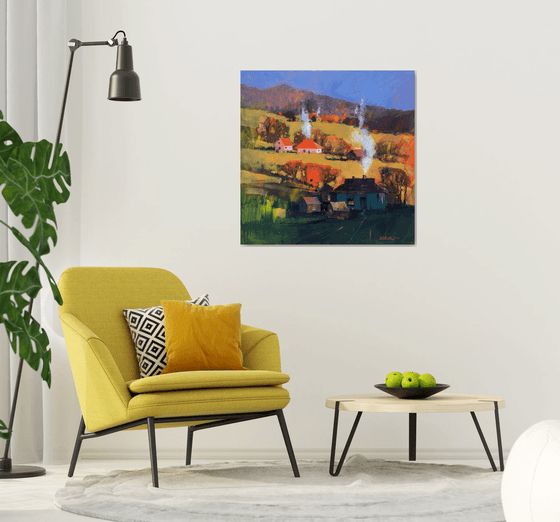 Large oil painting on canvas “Warm evening Landscape in the Carpathians” Landscape