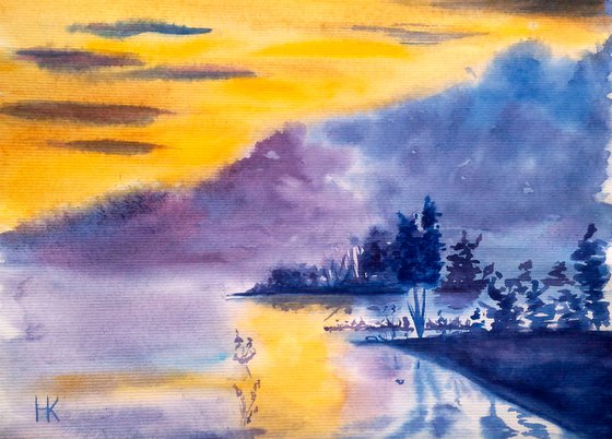 waterscape original watercolor artwork riverscape seascape sunrise" Melting sunrise"