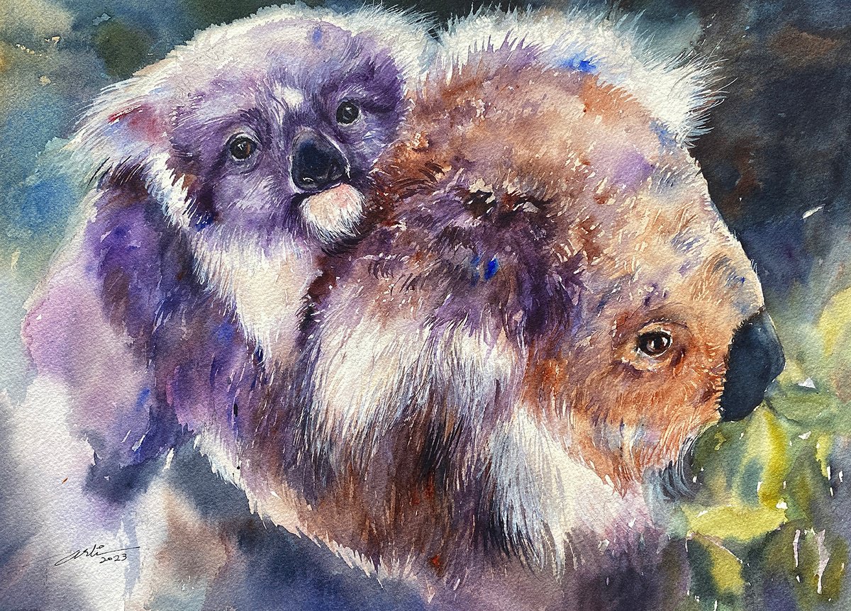 Impressionistic Animal Watercolour By Arti Chauhan, 17 X 13, Koala And Baby, Original Artwork