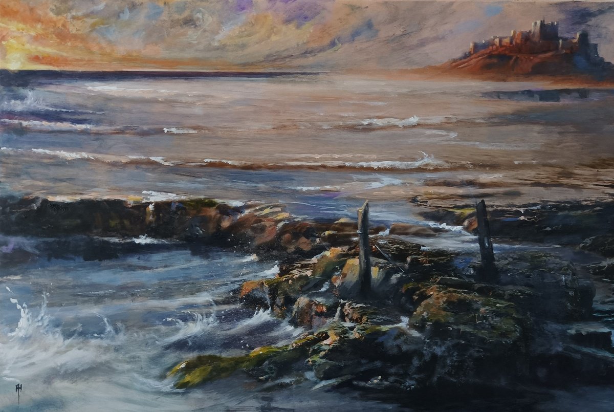 Impressionistic Landscape Acrylic Painting By Alan Harris, 30 X 20, Return Of The Tide Bamburgh, Original Artwork