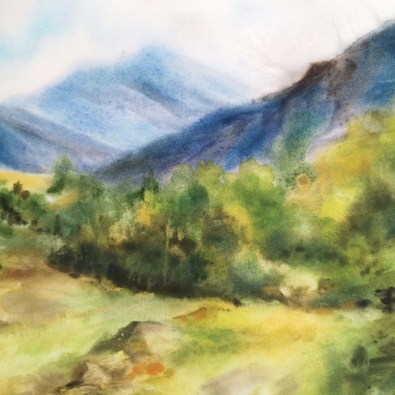 Mountain landscape. Summer landscape scenery. Watercolor landscape