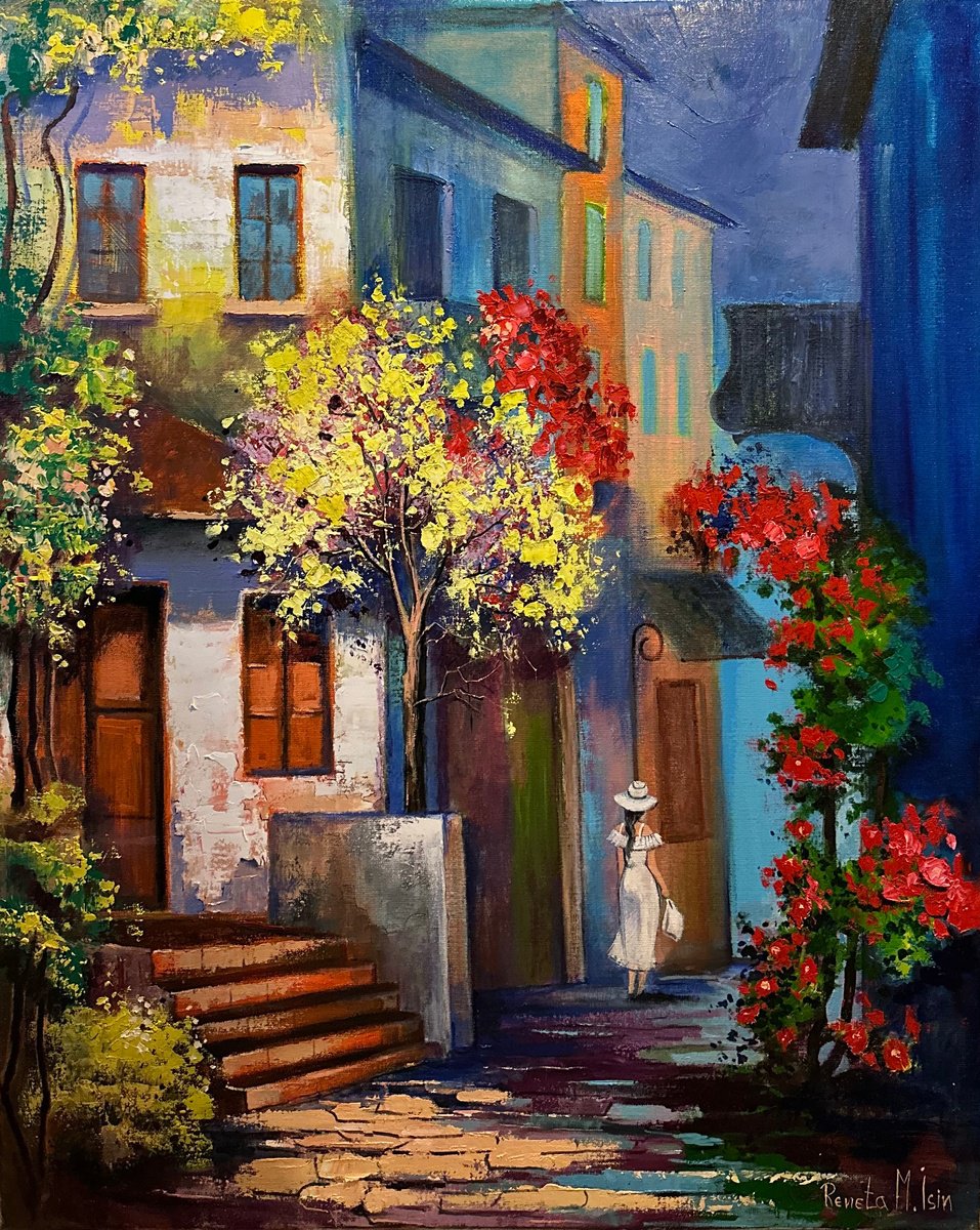 Impressionistic Cityscapes Oil Painting By Reneta Isin, 31 X 39", " Old Cozy Street " Positano Italy, Original Artwork