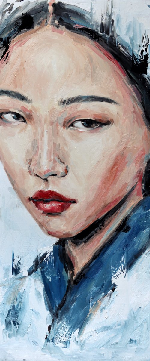 Korean woman in blue hanbok by Marina Ogai