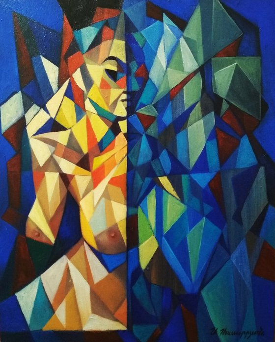 Night (40x50cm, cubism, oil painting, ready to hang)