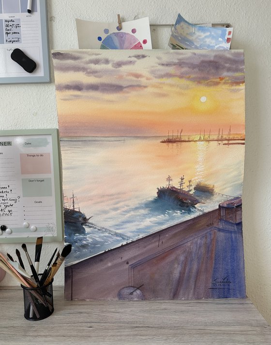 Serene Sunset over a Seaside Town