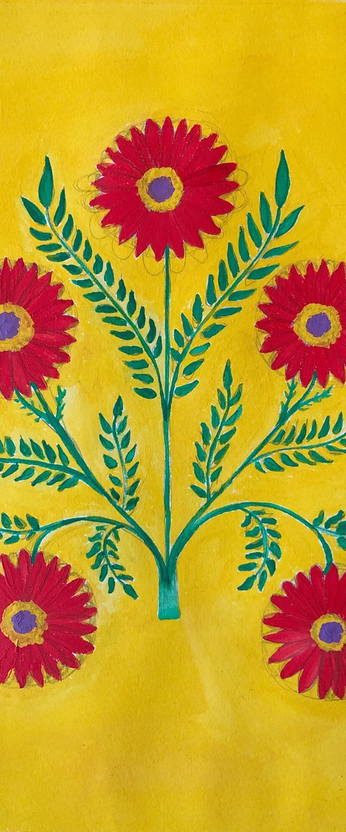 Decorative flowers on yellow by Ihnatova Tetiana