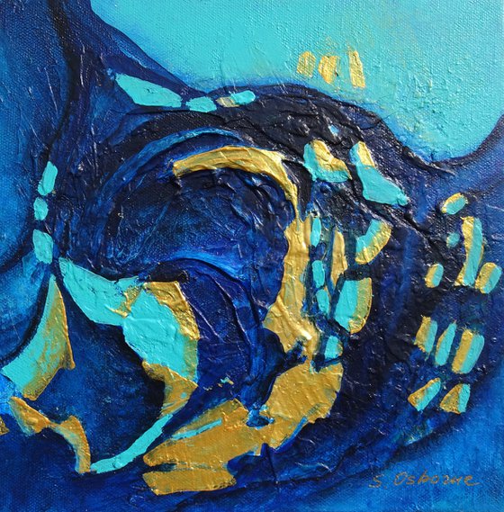 Small Blue and Gold Abstract Landscape Painting #3. 25x25cm. Small Abstract Seascape