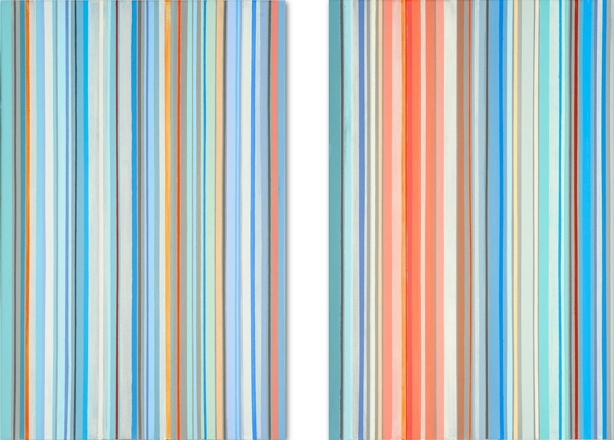 Geometric Abstract Acrylic Painting By Susana Sancho Beltran, 51 X 36", Diptych (Lines 12), Original Artwork