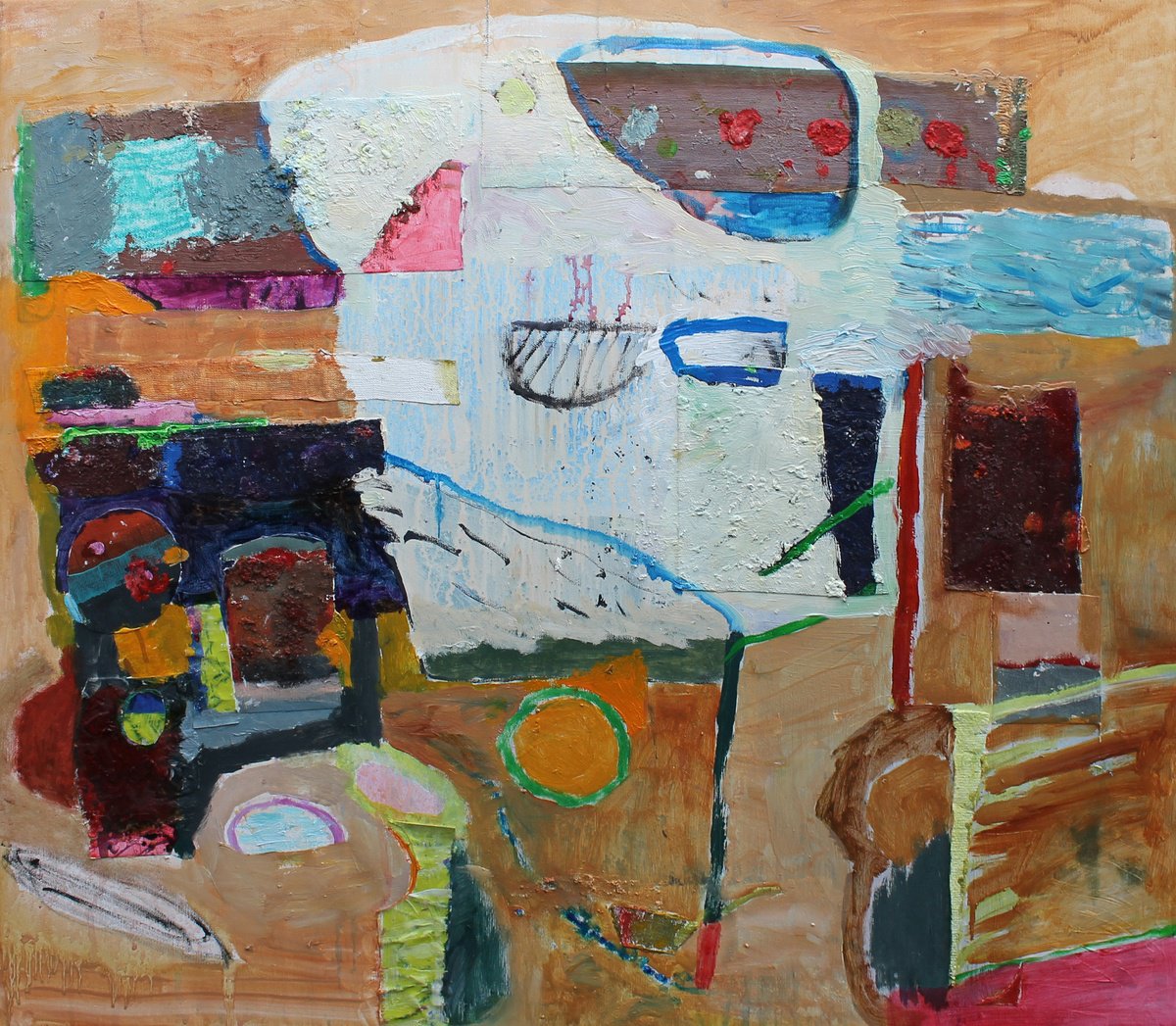 Geometric Abstract Oil Painting By Sergiy Dekalyuk, 31 X 28", Composition With A White Center, Original Artwork