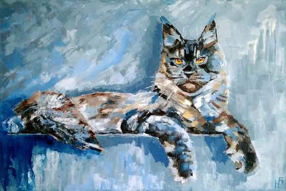 The Cat, Cat Oil Painting Maine Coon Original Art Tabby Cat Artwork Pet Portrait Wall Art 60x40 cm