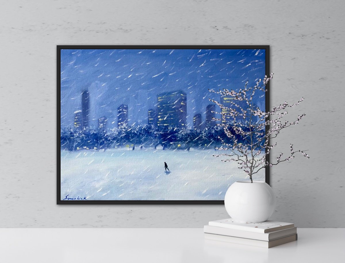 Impressionistic Landscape Oil Painting By Volodymyr Smoliak, 16 X 12", Walking Alone, Snowstorm, Original Artwork