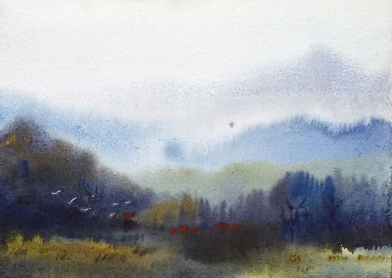 Cornfield & Himalaya Mountain -Watercolor on Paper Painting