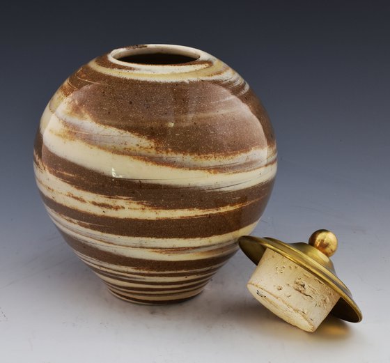 Neriage ceramic vessel colored porcelain with brass and cork seal. N13