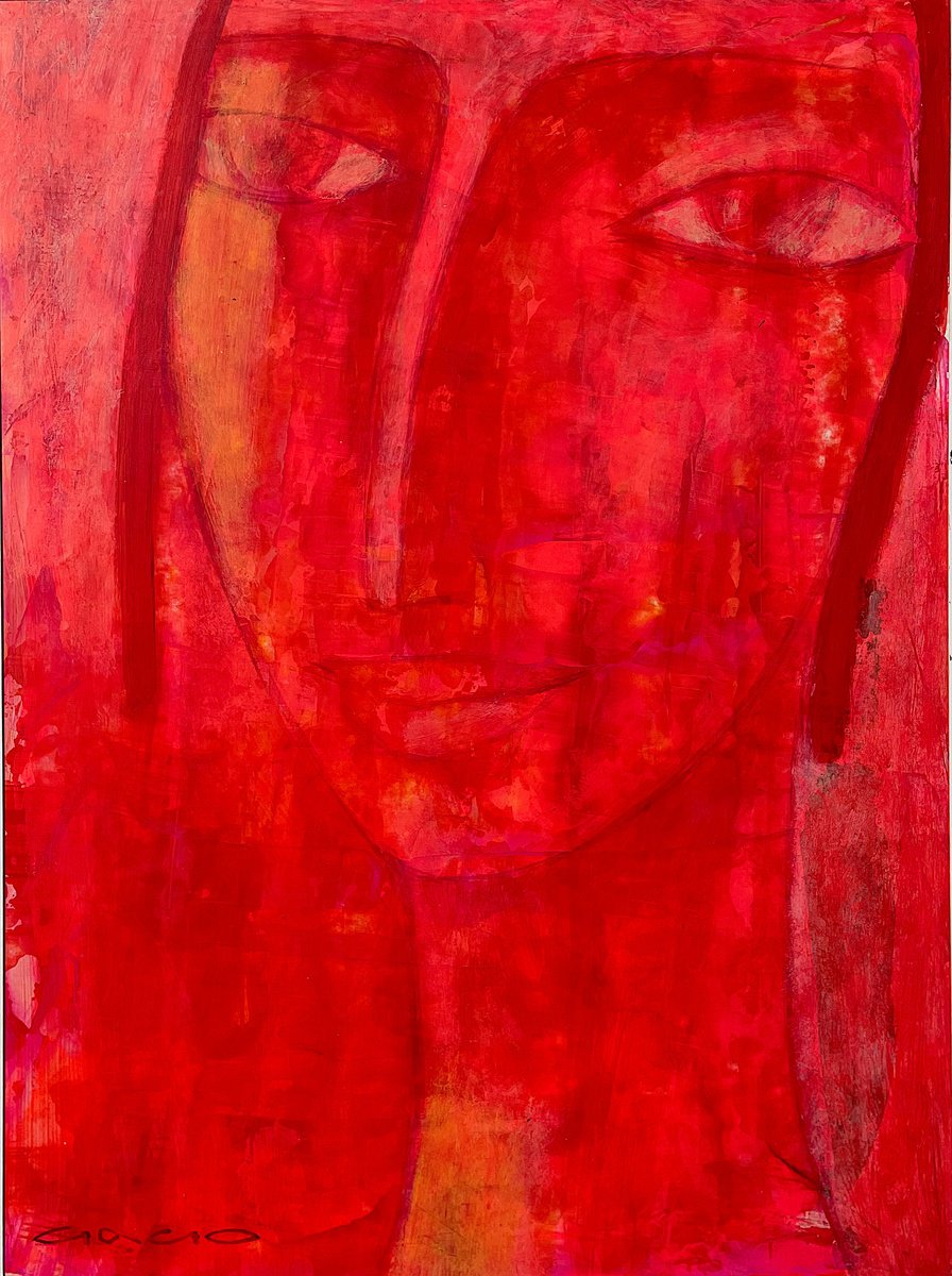 Naive Portrait Acrylic Painting By Gago Chtchyan, 10 X 14, Red Portrait Ii, Original Artwork