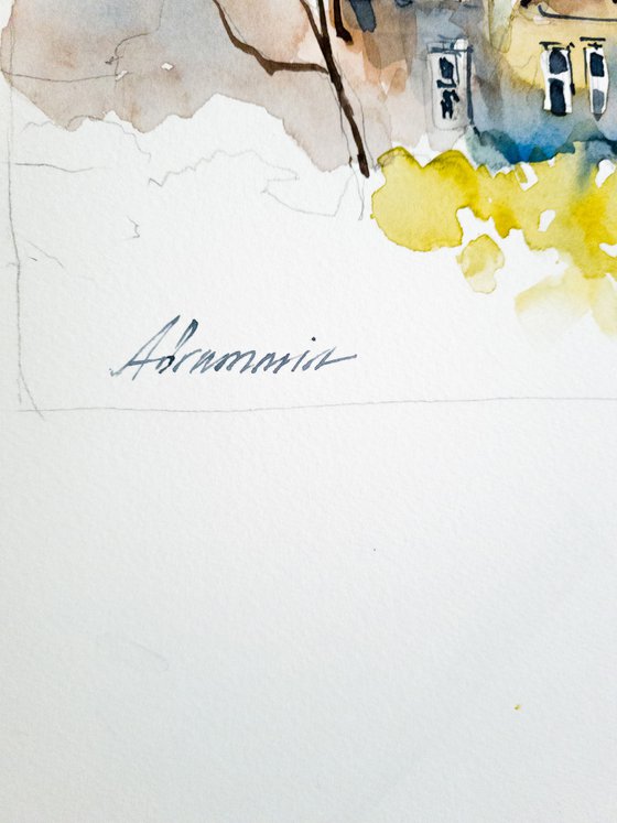 Sunny afternoon. Original handmade watercolor picture.