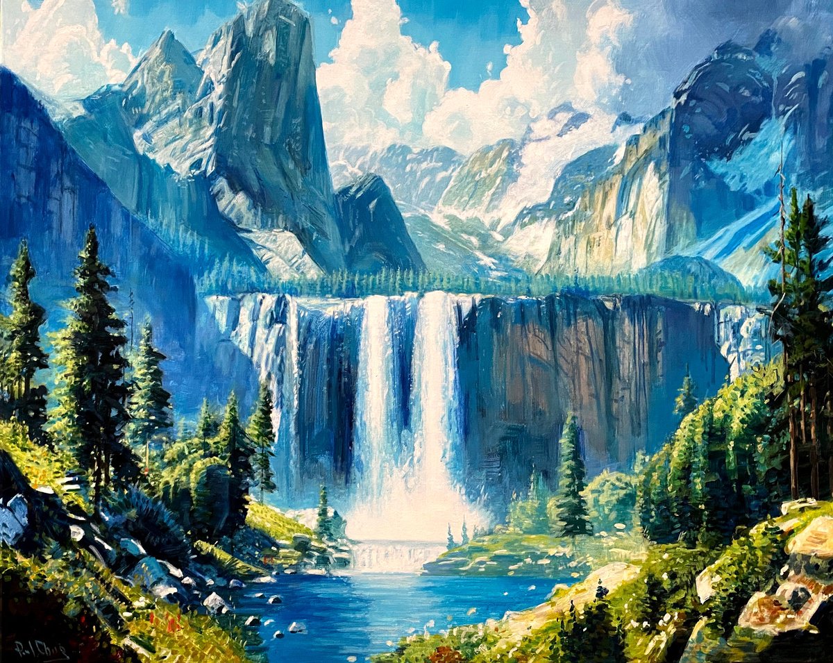 Impressionistic Landscape Acrylic Painting By Paul Cheng, 60 X 48", Celestial Falls, Original Artwork