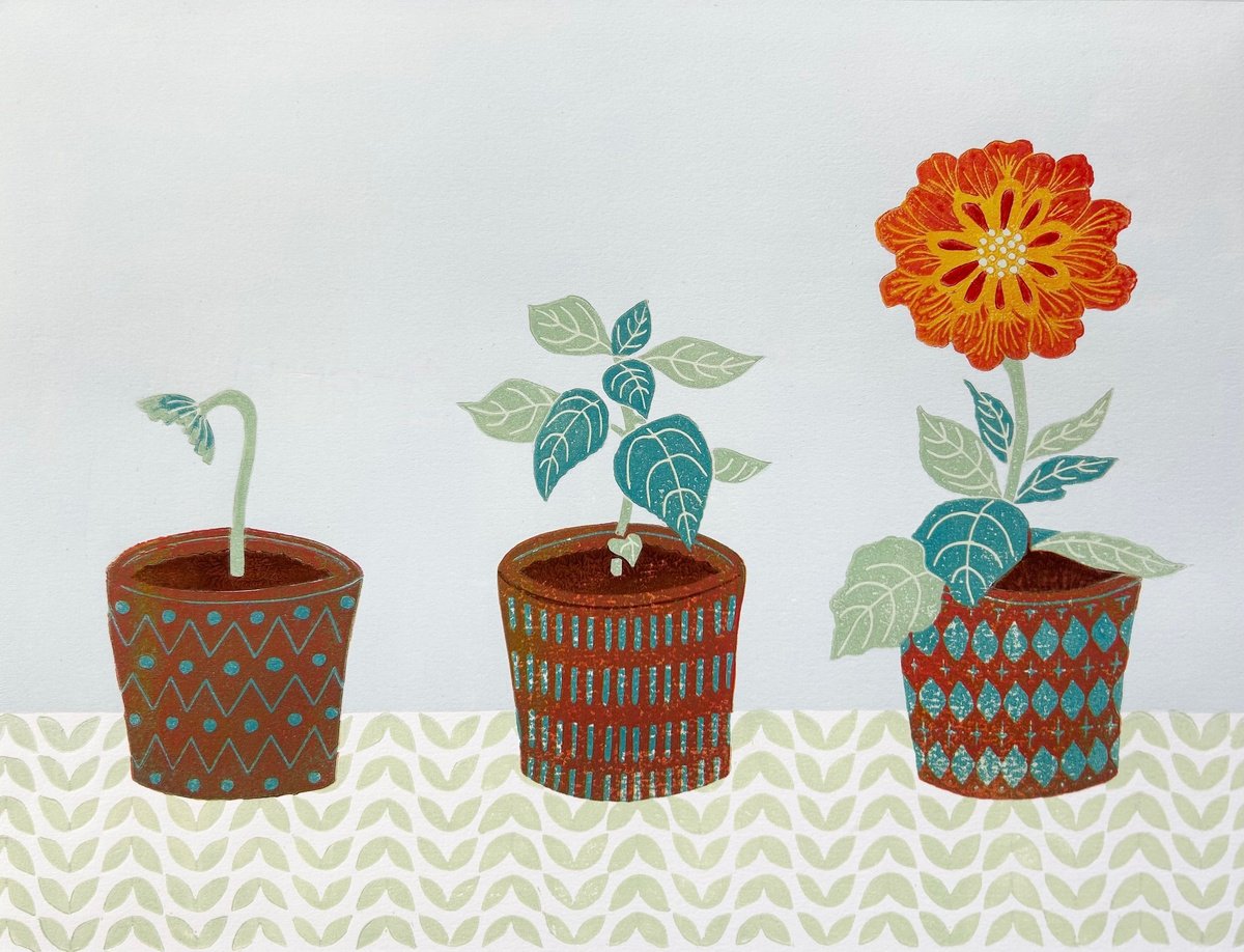 Illustrative Botanical Linocut By Nathalie Pymm Art, 16 X 12", Bud To Bloom, Original Artwork