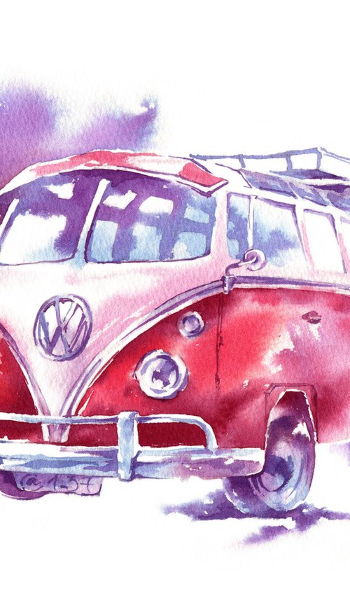 Watercolor sketch "Retro car" original illustration by Ksenia Selianko