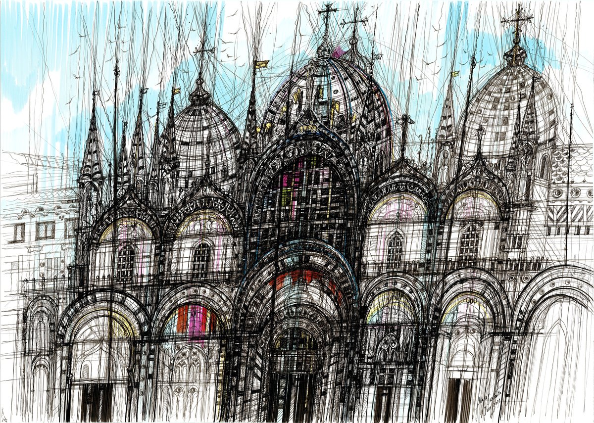 Impressionistic Cityscapes Drawing By Maria Susarenko, 31 X 24", Basilica Di San Marko, Original Artwork