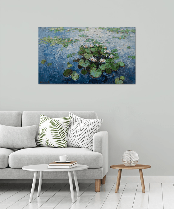 White Water Lilies - Large Original Oil painting 120 x 70 cm