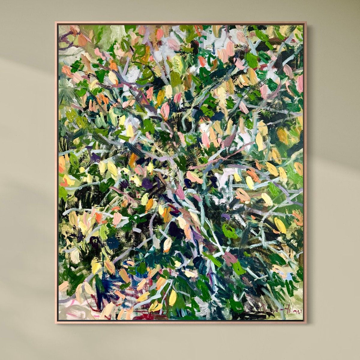 Expressive Landscape Oil Painting By Lilia Orlova-Holmes, 39 X 47", An Autumn Leaves, Original Artwork