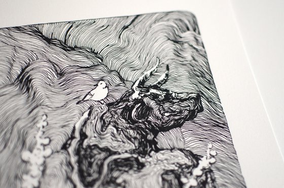 Dreamy cow and little bird, ink drawing of animals