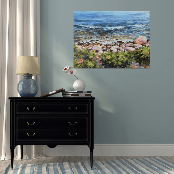 "Rose bushes by the shoreline", original one of a kind acrylic on canvas impressionistic painting (30x40")