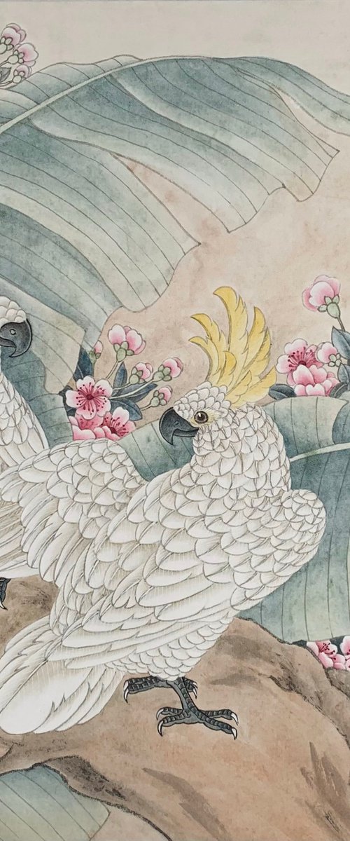 True Love, Parrot Love, Original Brush Painting by Fiona Sheng