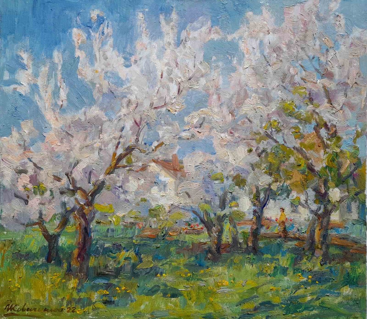 Impressionistic Landscape Oil Painting By Ivan Kovalenko, 18 X 16, Morning Garden, Original Artwork