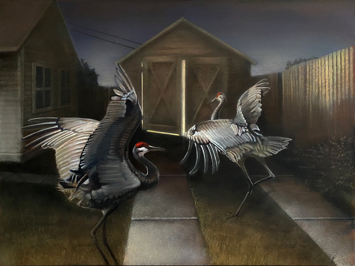 Surrealistic Animal Oil Painting By Bruce Dean, 40 X 30, Garage Cranes, Original Artwork