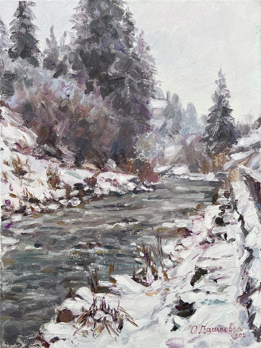 Impressionistic Landscape Oil Painting By Olha Dashkevych, 12 X 16", - After The Snowfall - ?, Original Artwork