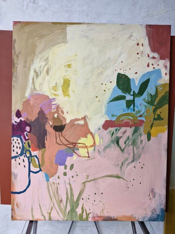 "Dreams-4" Abstract pink yellow blue art