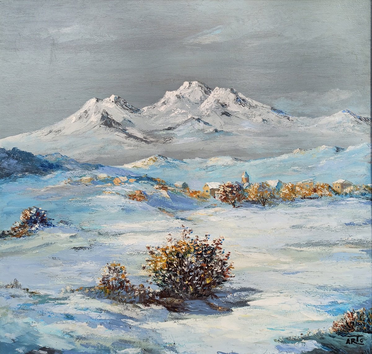 Impressionistic Landscape Oil Painting By Arto Mkrtchyan, 24 X 24, Winter Landscape - Aragats, Original Artwork