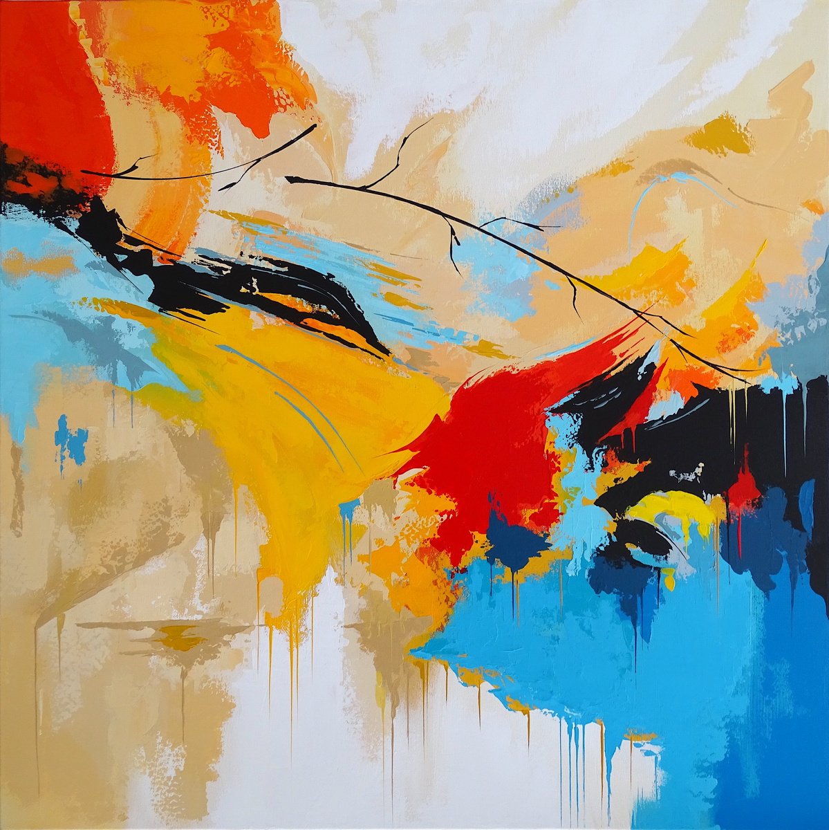 Expressive Abstract Acrylic Painting By Livien Rozen, 31 X 31", Playful Meeting, Original Artwork