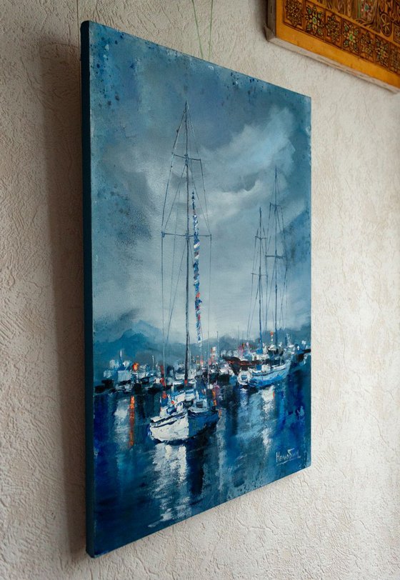 "Yachts in the harbor" ships, seascape ,sailboats