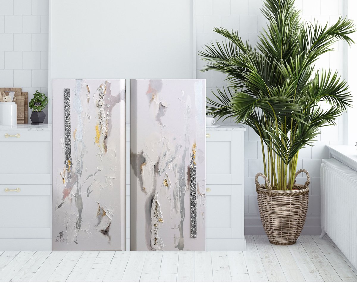 Abstract Acrylic Painting By Annet Loginova, 14 X 31, White Paintings Set, Original Artwork