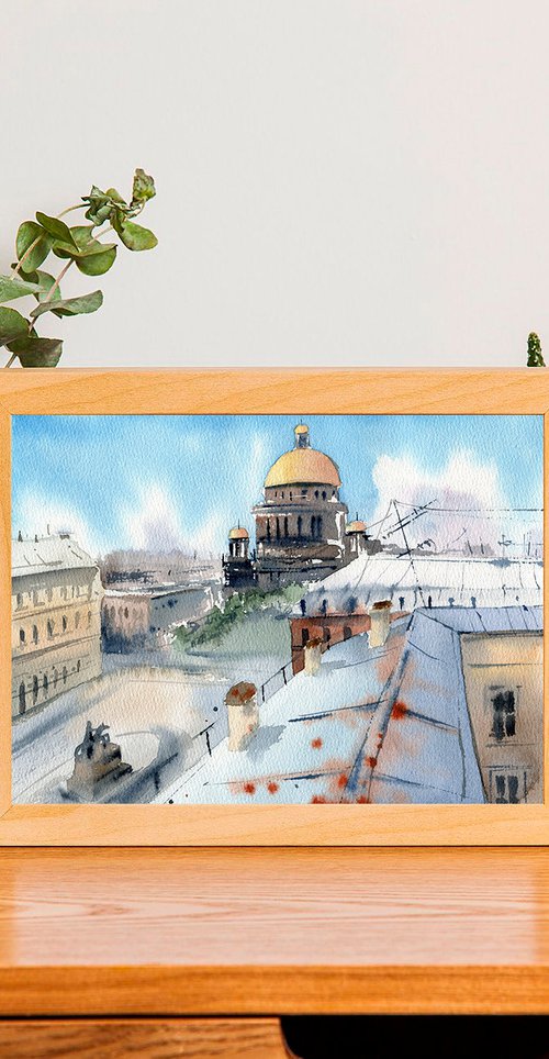 Roofs of houses in St. Petersburg. Original watercolor artwork. by Evgeniya Mokeeva