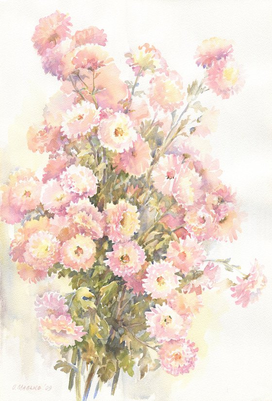 Pink small chrysanthemums / ORIGINAL watercolor 15x22 (38x56cm)
