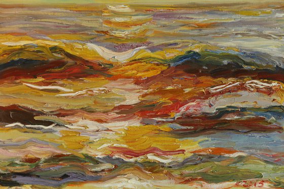 RAY OF SAN - Landscape art, waterscape, marina, ocean, beach, sun on the water, sunrise, ray of light,  original oil painting, summer, wave, yellow, red, orange, warm colours, nature impressionism art office interior home decor, gift 53x73
